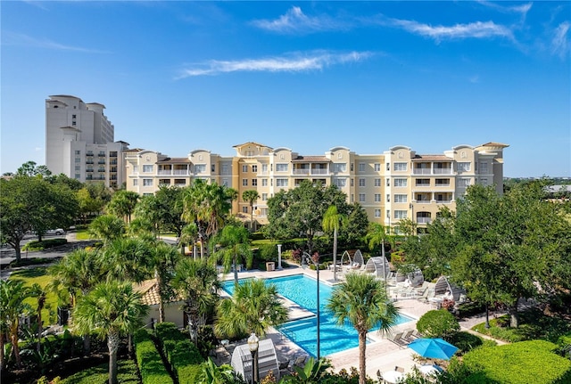 view of swimming pool featuring a patio area