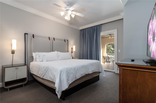 bedroom with dark colored carpet, crown molding, access to exterior, and ceiling fan