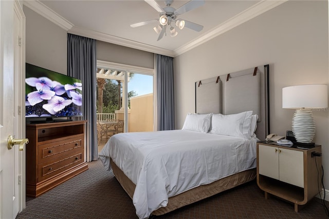 carpeted bedroom featuring access to exterior, crown molding, and ceiling fan