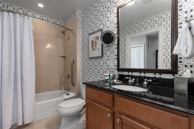 full bathroom featuring tile patterned floors, toilet, shower / tub combo, vanity, and backsplash