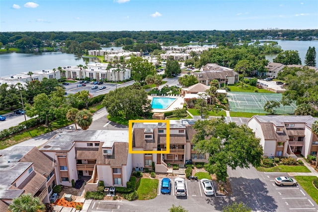 bird's eye view with a water view