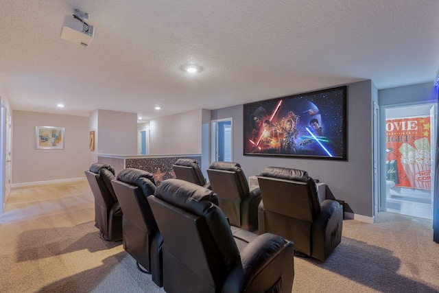 carpeted home theater featuring a textured ceiling