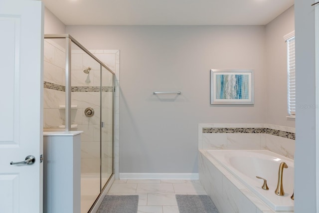 bathroom featuring independent shower and bath and tile patterned floors