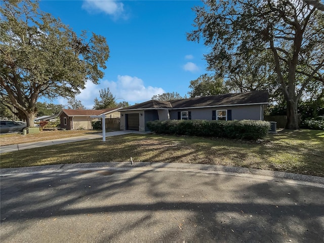 single story home with a garage and a front lawn