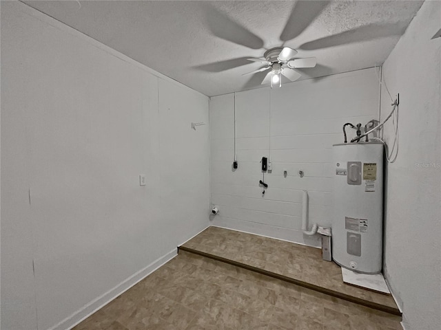 laundry area with electric water heater, ceiling fan, and a textured ceiling