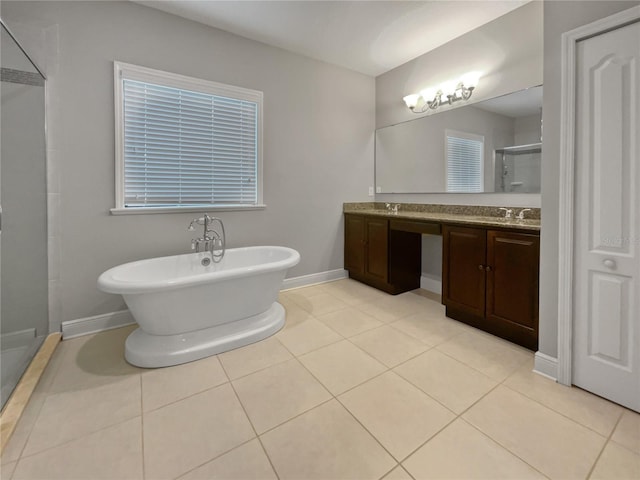 bathroom featuring vanity, tile patterned floors, and separate shower and tub