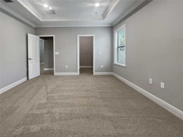 unfurnished bedroom featuring light colored carpet and a raised ceiling