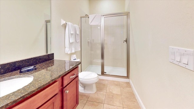 bathroom with toilet, tile patterned floors, an enclosed shower, and vanity