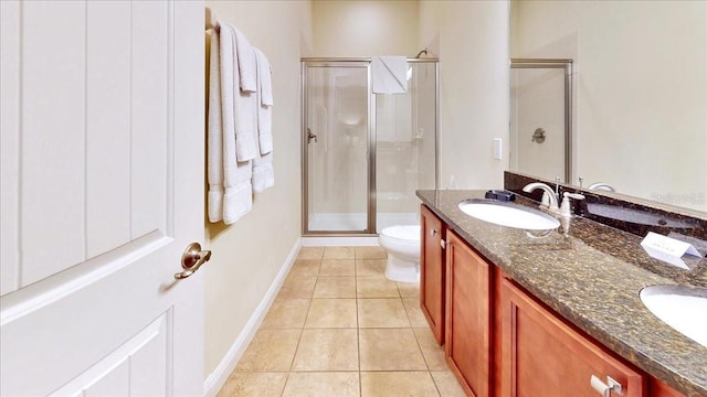 bathroom featuring a shower with shower door, tile patterned floors, vanity, and toilet