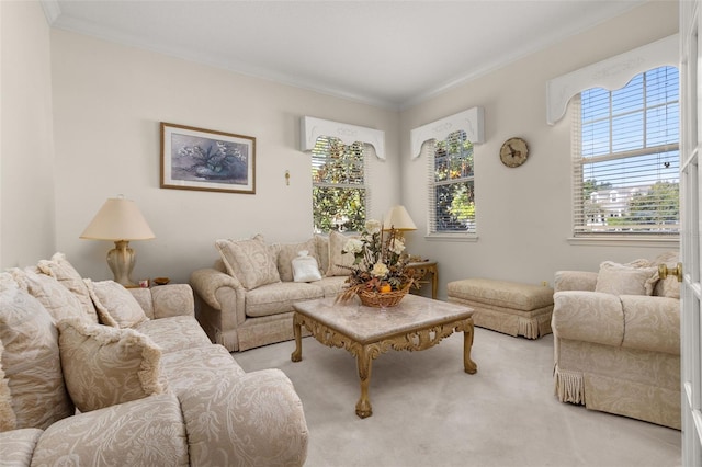 carpeted living room with crown molding