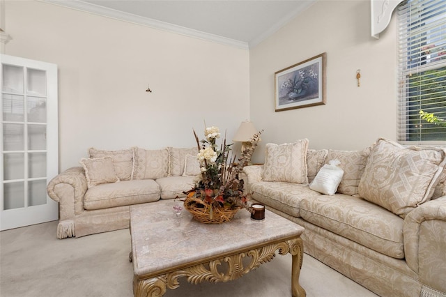 carpeted living room featuring crown molding