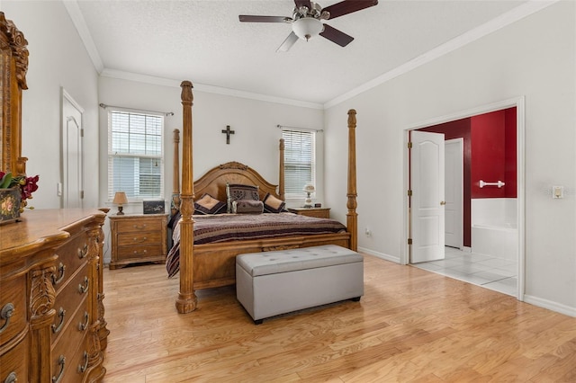 bedroom with crown molding, ceiling fan, a textured ceiling, and light hardwood / wood-style flooring