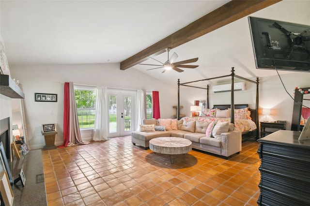 living room with ceiling fan, tile patterned flooring, an AC wall unit, vaulted ceiling with beams, and french doors