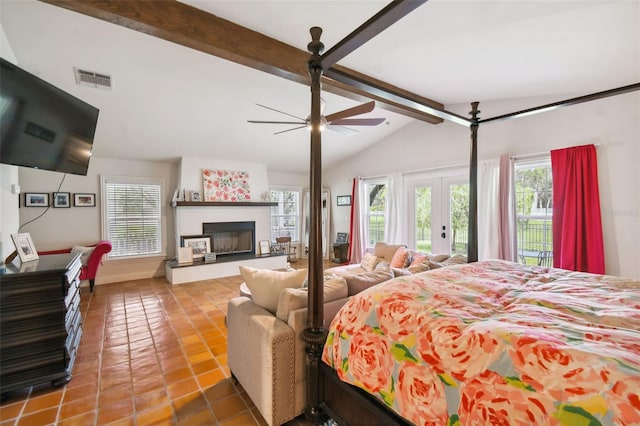 tiled bedroom with ceiling fan, french doors, access to outside, and lofted ceiling with beams