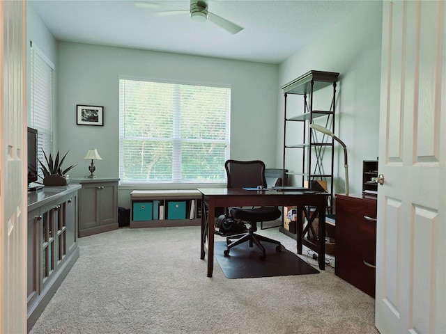 carpeted office space with ceiling fan