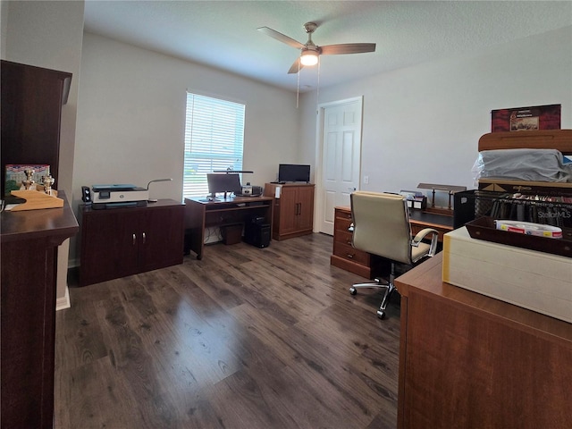 office space featuring ceiling fan and dark hardwood / wood-style floors