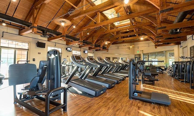 gym featuring high vaulted ceiling, hardwood / wood-style floors, and wooden ceiling