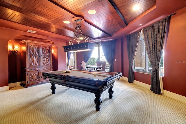 recreation room with billiards, light carpet, and wood ceiling