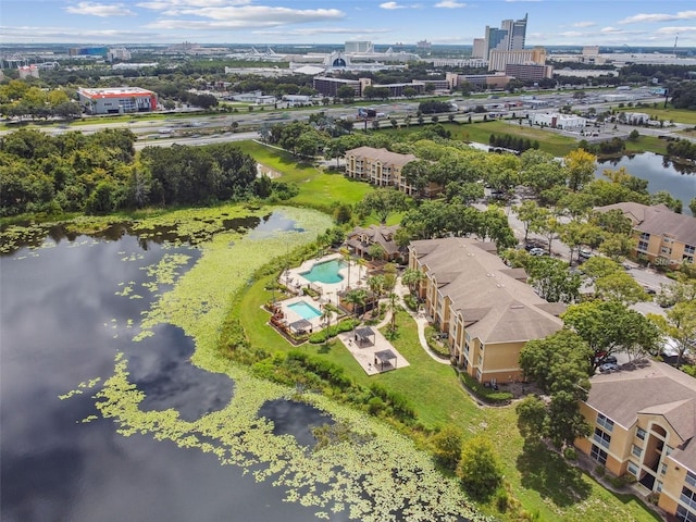 aerial view featuring a water view