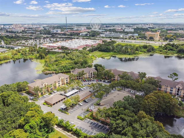 aerial view featuring a water view