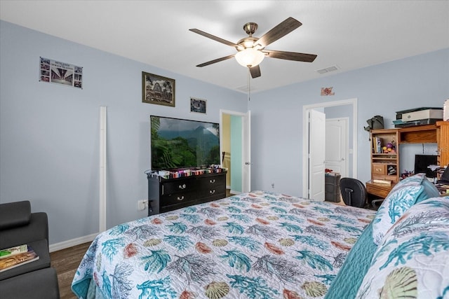 bedroom with wood-type flooring and ceiling fan