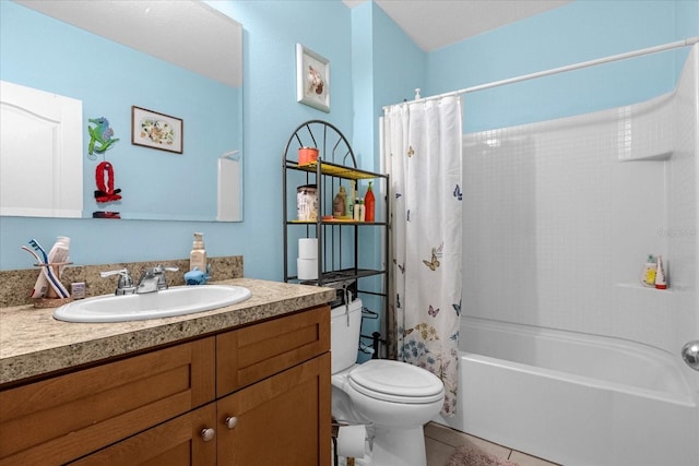 full bathroom with tile patterned floors, vanity, toilet, and shower / tub combo with curtain