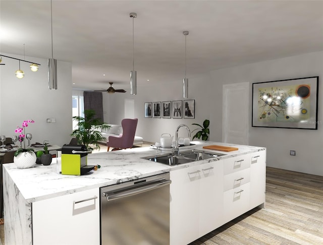 kitchen with stainless steel dishwasher, light hardwood / wood-style floors, white cabinets, ceiling fan, and sink