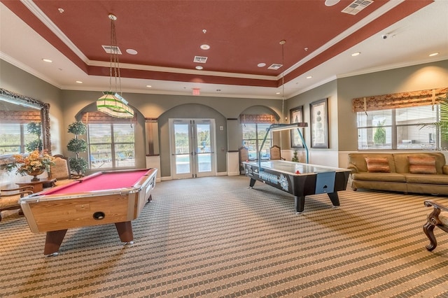 playroom with french doors, pool table, carpet floors, and a raised ceiling