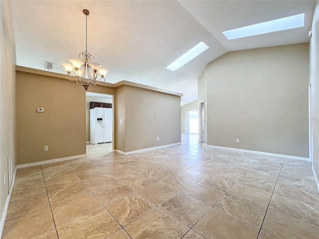 tiled empty room featuring high vaulted ceiling, a chandelier, and a skylight