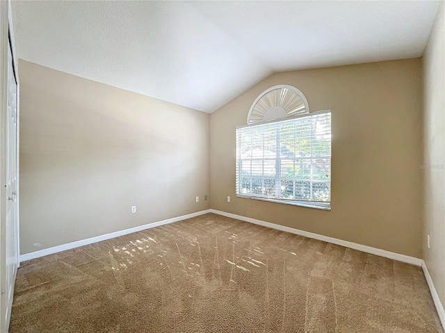 spare room featuring vaulted ceiling and carpet flooring