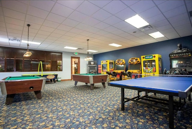 rec room with pool table, carpet flooring, and a paneled ceiling