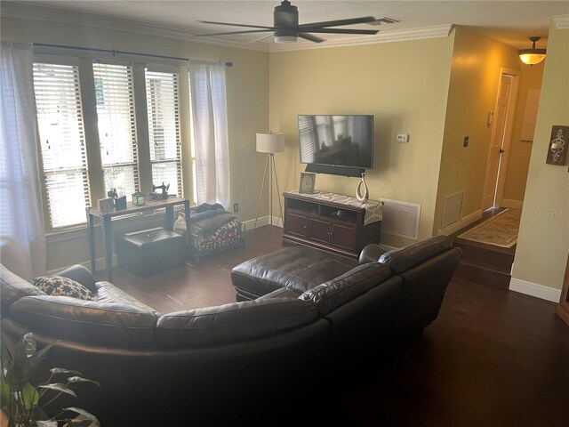 living room with hardwood / wood-style flooring, ceiling fan, and ornamental molding