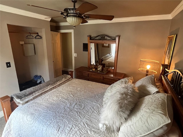 bedroom with ceiling fan and ornamental molding