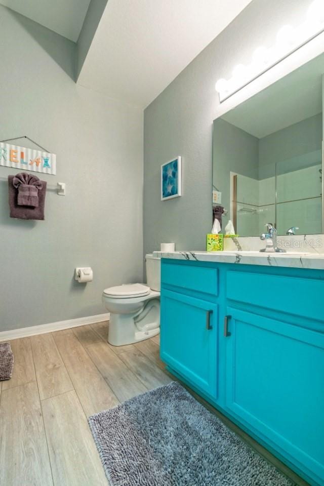 bathroom with vanity, hardwood / wood-style flooring, and toilet