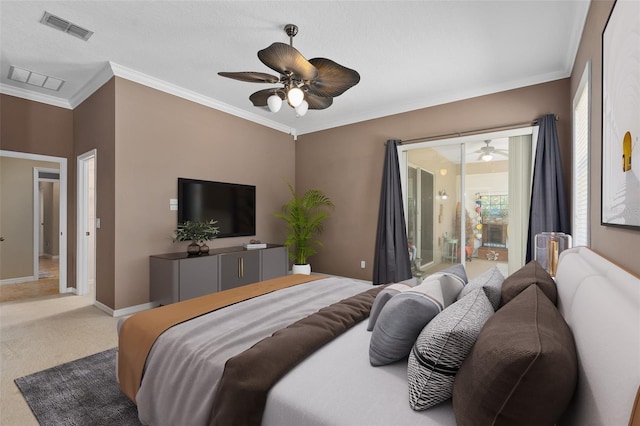 bedroom featuring ceiling fan, access to outside, ornamental molding, and carpet flooring