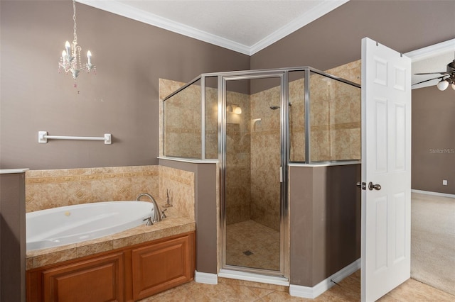 bathroom featuring ceiling fan with notable chandelier, tile patterned flooring, crown molding, and plus walk in shower