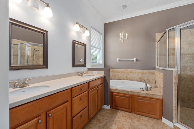 bathroom with vanity, tile patterned flooring, crown molding, an inviting chandelier, and shower with separate bathtub