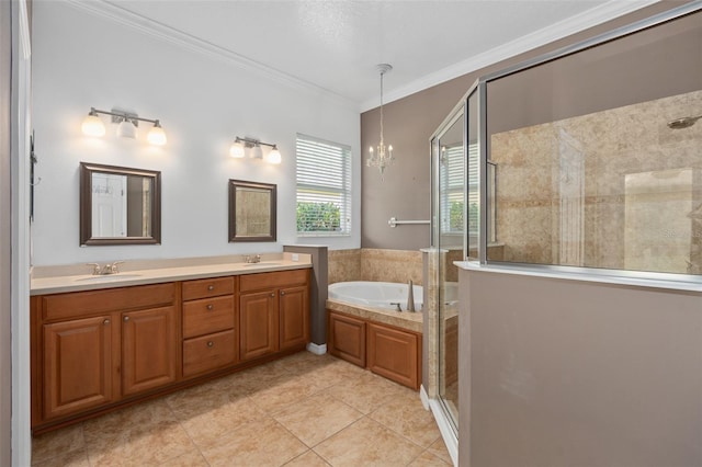 bathroom featuring a notable chandelier, independent shower and bath, tile patterned flooring, ornamental molding, and vanity