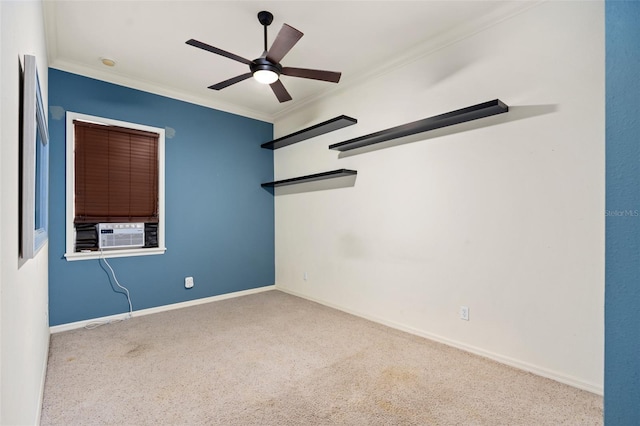 carpeted empty room with ceiling fan, crown molding, and cooling unit