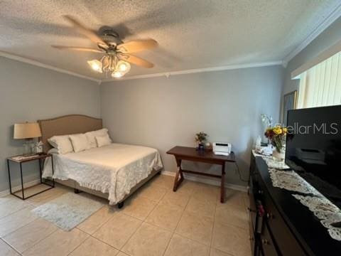 tiled bedroom with ceiling fan, crown molding, and a textured ceiling