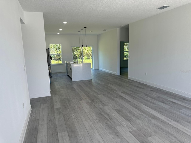 unfurnished room with a healthy amount of sunlight, sink, a textured ceiling, and light wood-type flooring