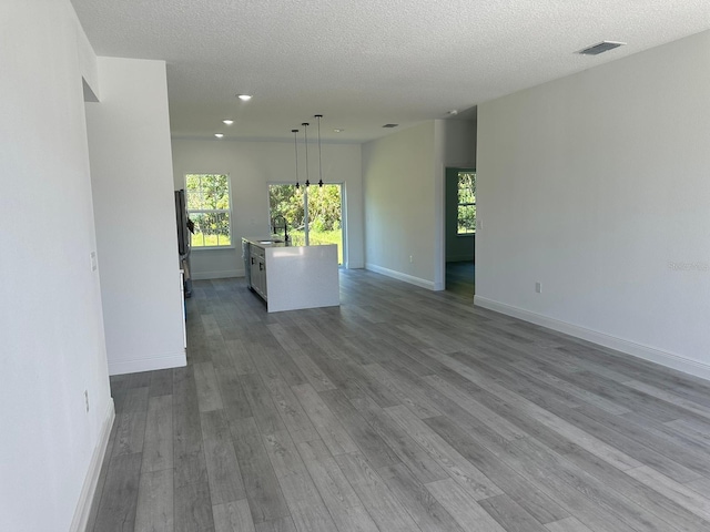 unfurnished living room featuring sink, light hardwood / wood-style flooring, a textured ceiling, and a healthy amount of sunlight