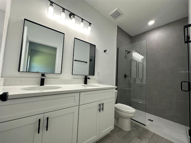 bathroom with toilet, a textured ceiling, walk in shower, and vanity