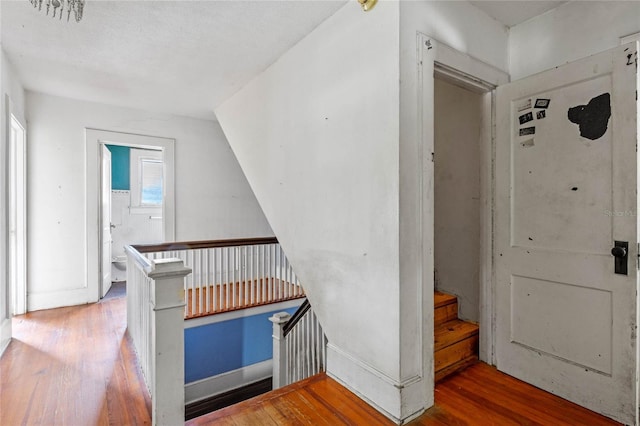 stairs featuring hardwood / wood-style flooring