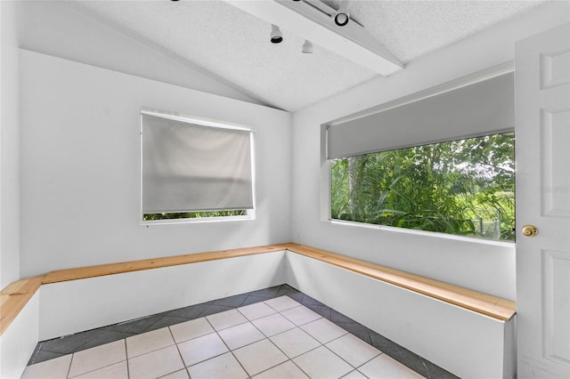 tiled spare room with vaulted ceiling and a textured ceiling