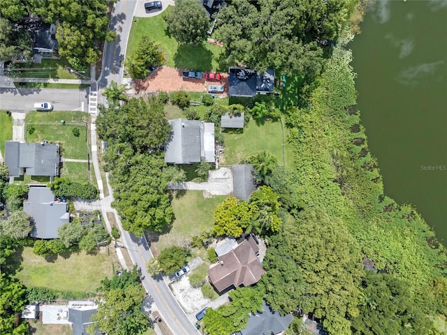 drone / aerial view featuring a water view