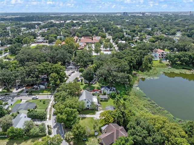 drone / aerial view with a water view