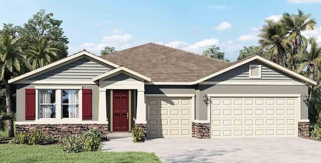 view of front of home with a garage, stone siding, concrete driveway, and stucco siding