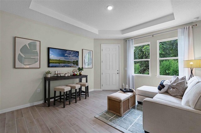 living room featuring wood-type flooring, a textured ceiling, and a tray ceiling