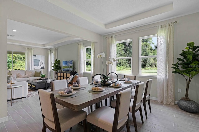 dining space with baseboards, visible vents, a tray ceiling, a textured ceiling, and wood finish floors